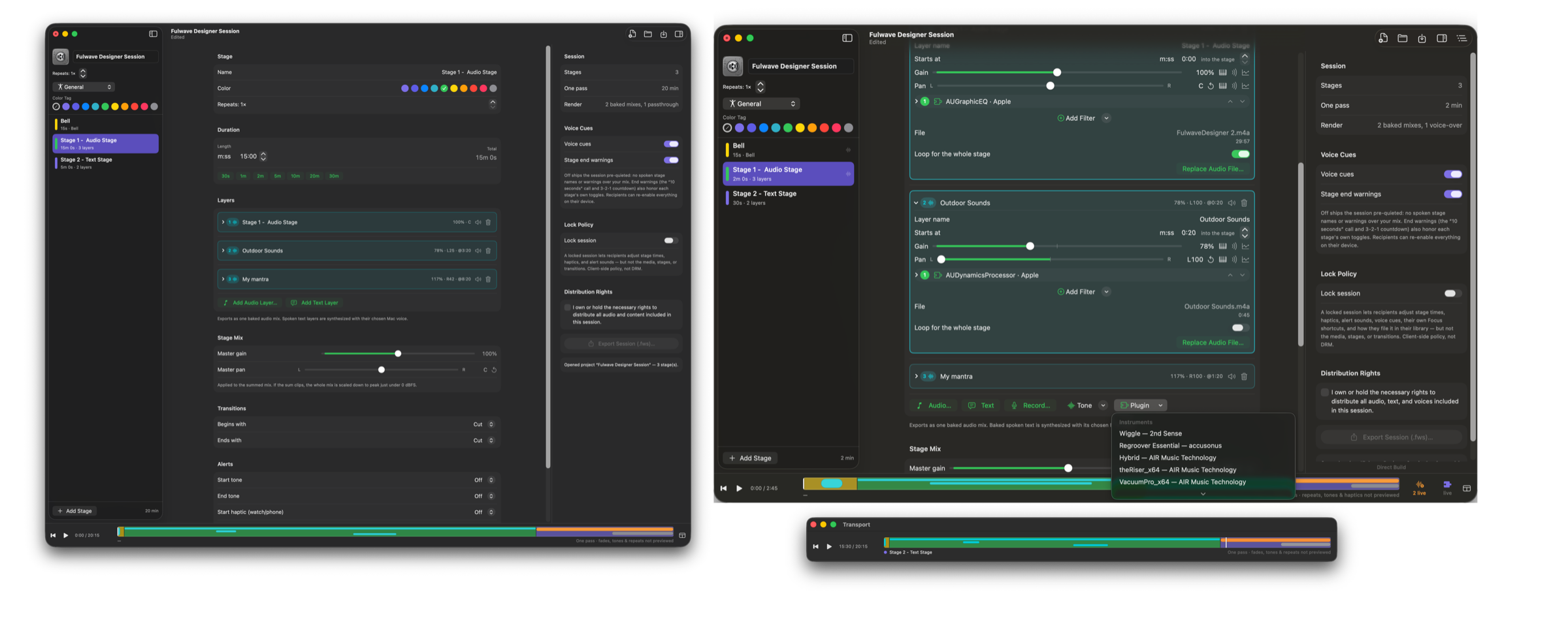 Fulwave Designer Direct on the Mac: the stage editor beside a second window showing Audio Unit effects on a layer and the Plugin menu listing instruments, with the transport timeline below.