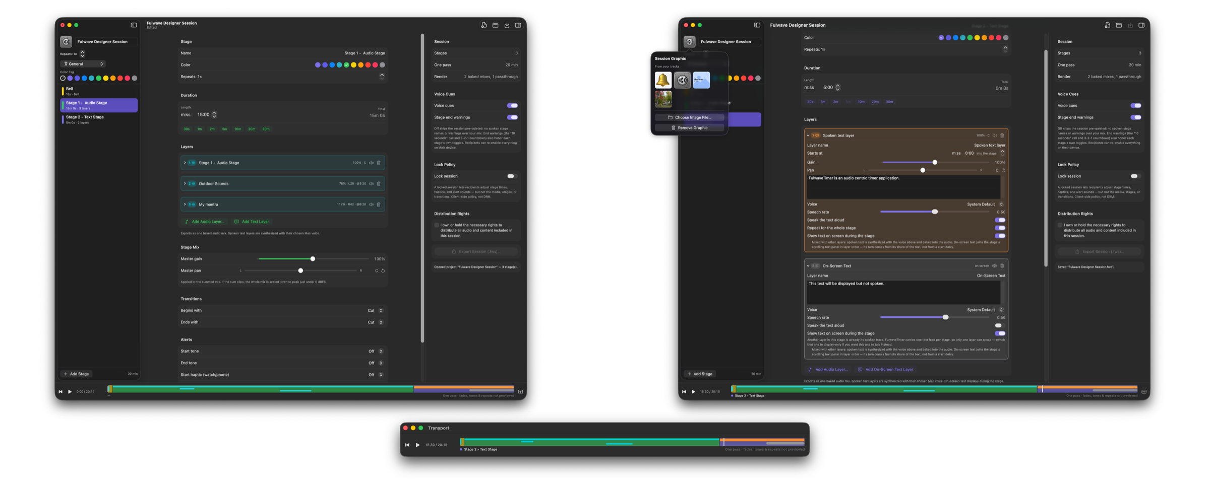 Fulwave Designer on Mac, layering audio and spoken text into a session