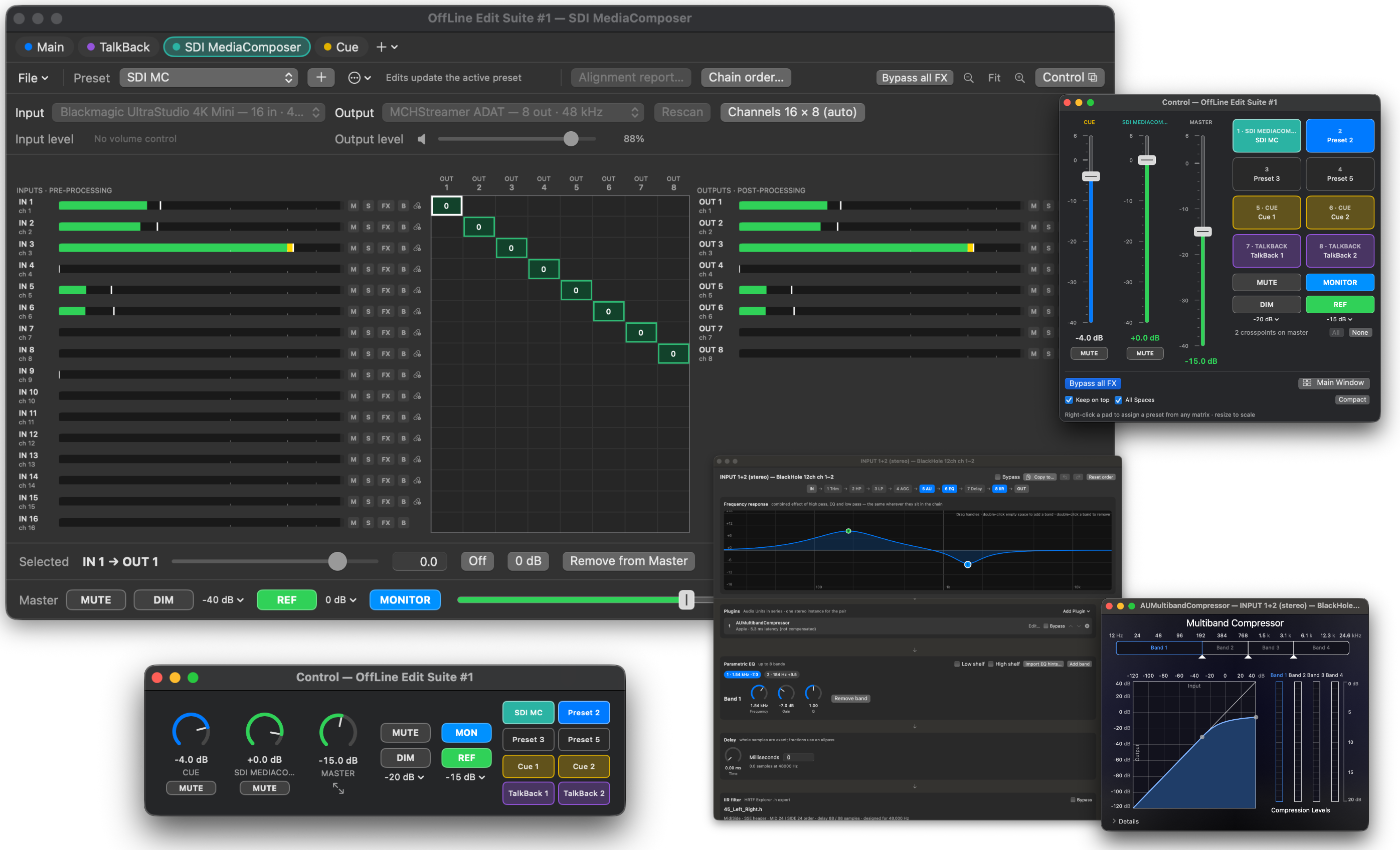 Fulwave Monitor's crosspoint grid with the Control window and a channel's processing window