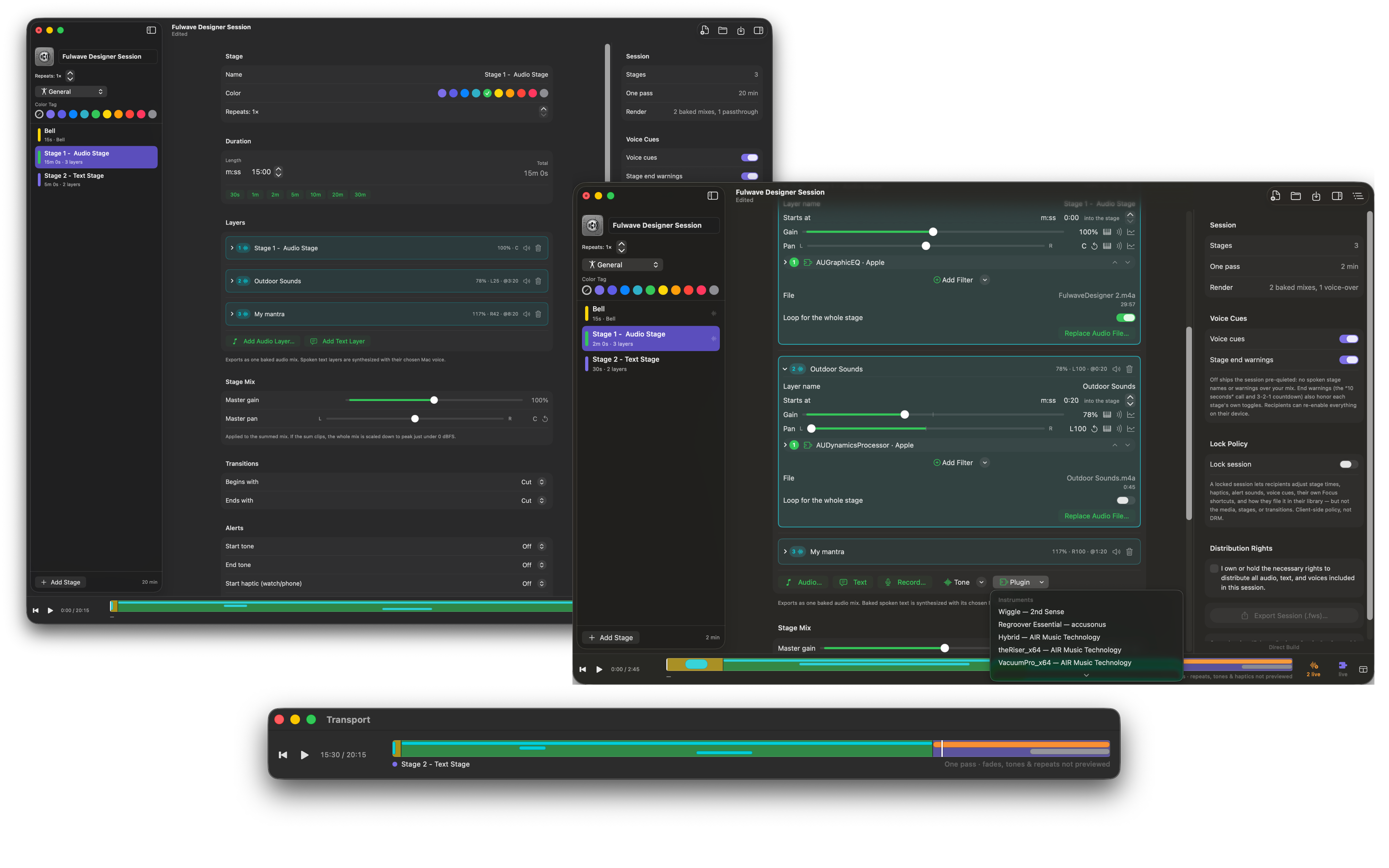 Fulwave Designer on Mac, layering audio and spoken text into a session