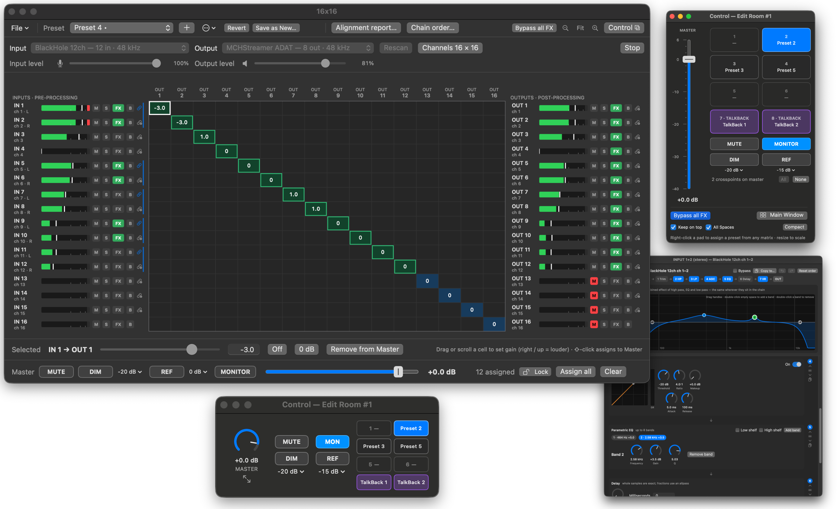 Fulwave Monitor's 16 by 16 crosspoint grid, its Control window with preset pads and a master fader, and a channel processing window with an EQ graph.