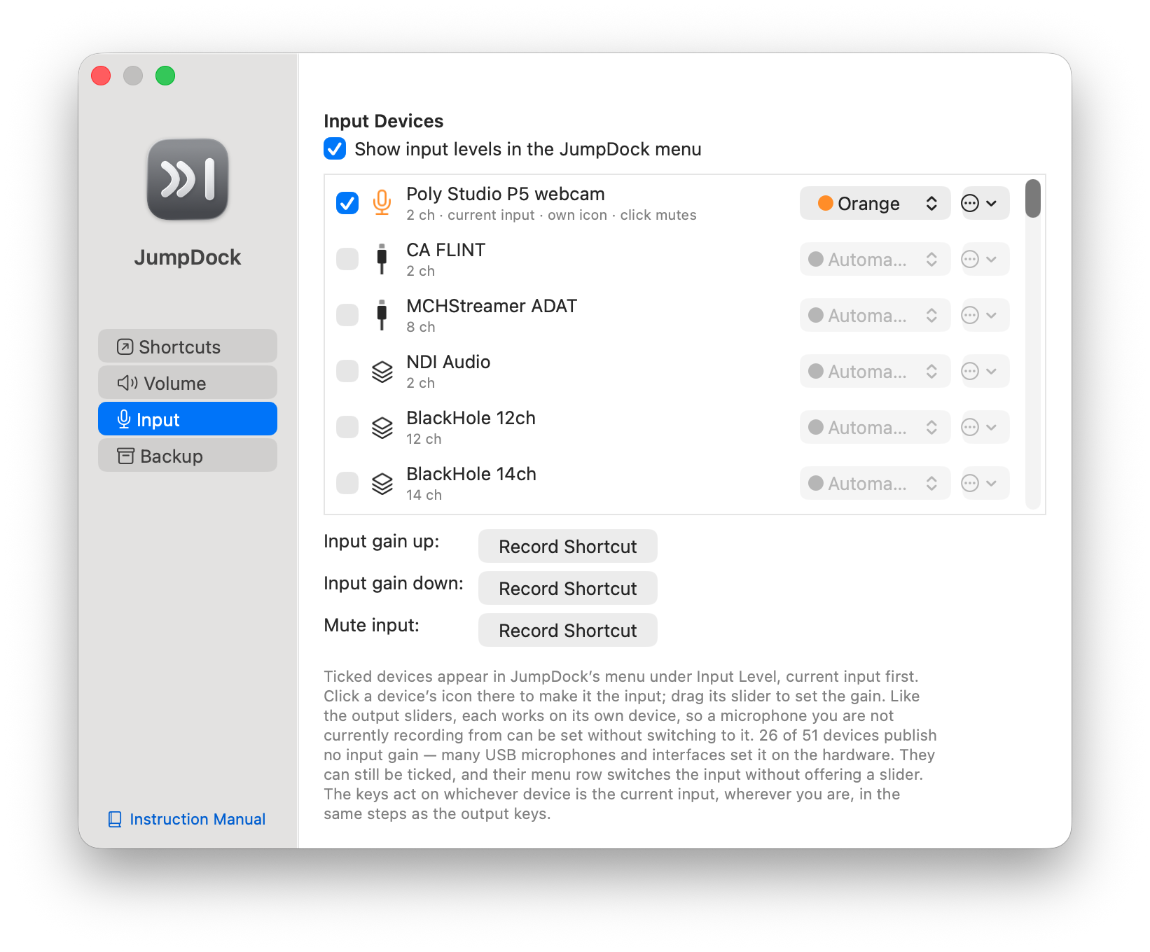 JumpDock's Input tab, listing microphones and other audio inputs with gain and mute shortcuts.