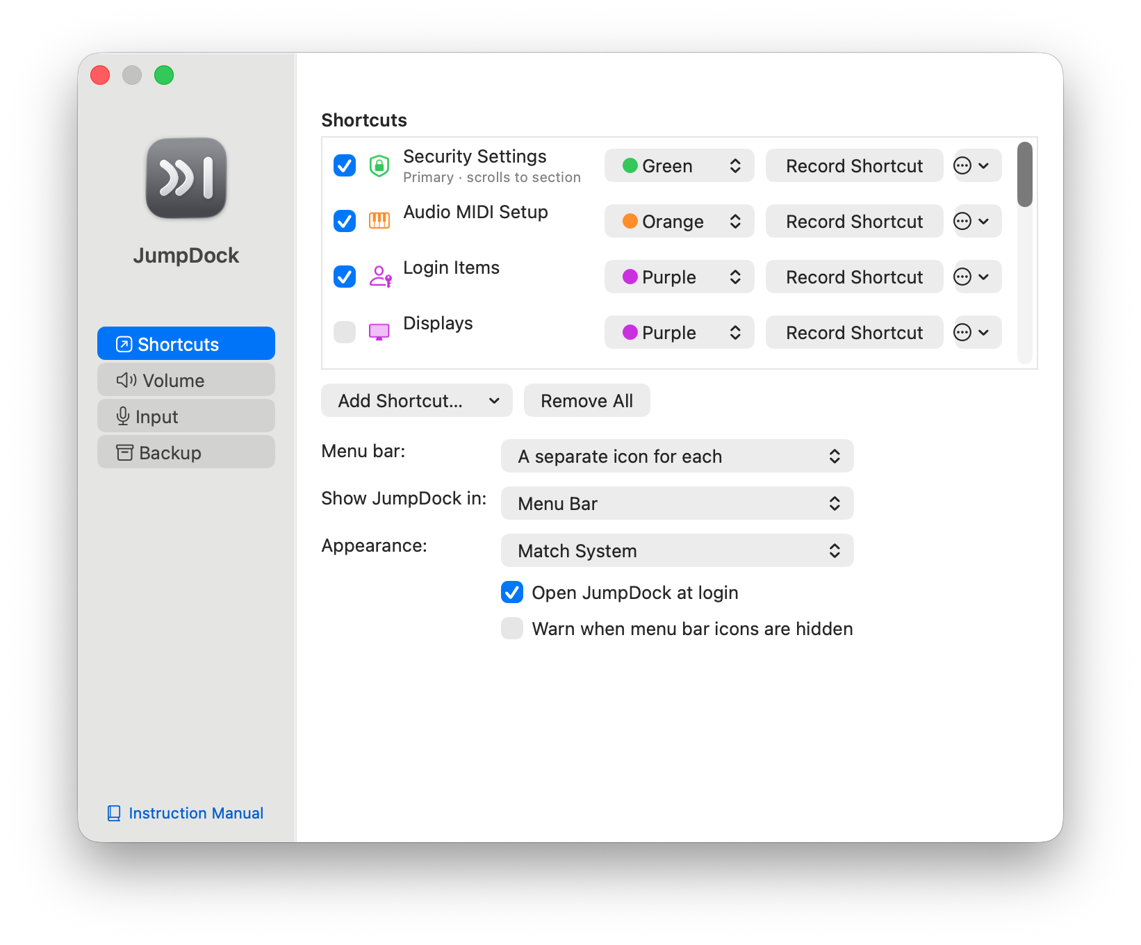 JumpDock settings window listing keyboard shortcuts for macOS settings