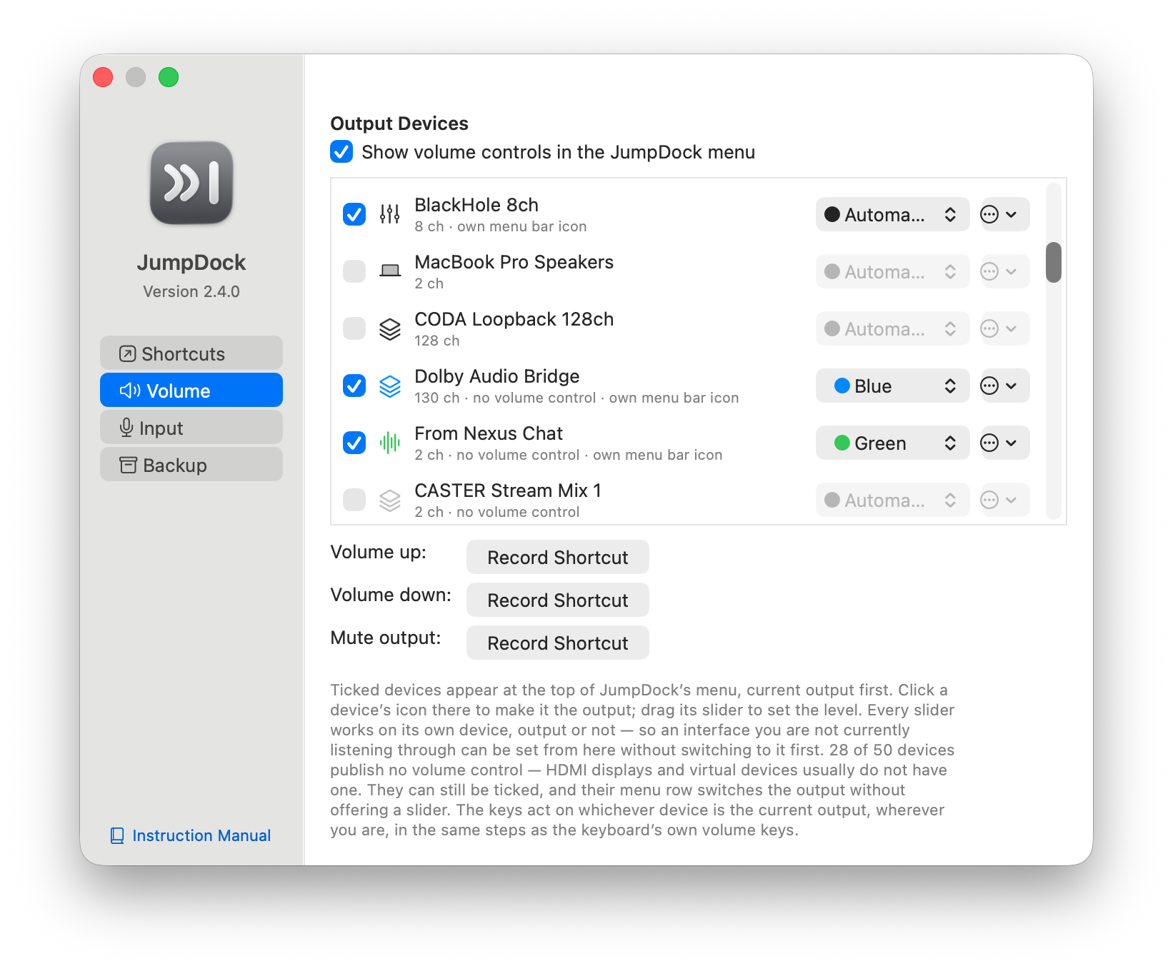JumpDock's Volume tab, listing output devices that each get their own slider, color and menu bar icon.