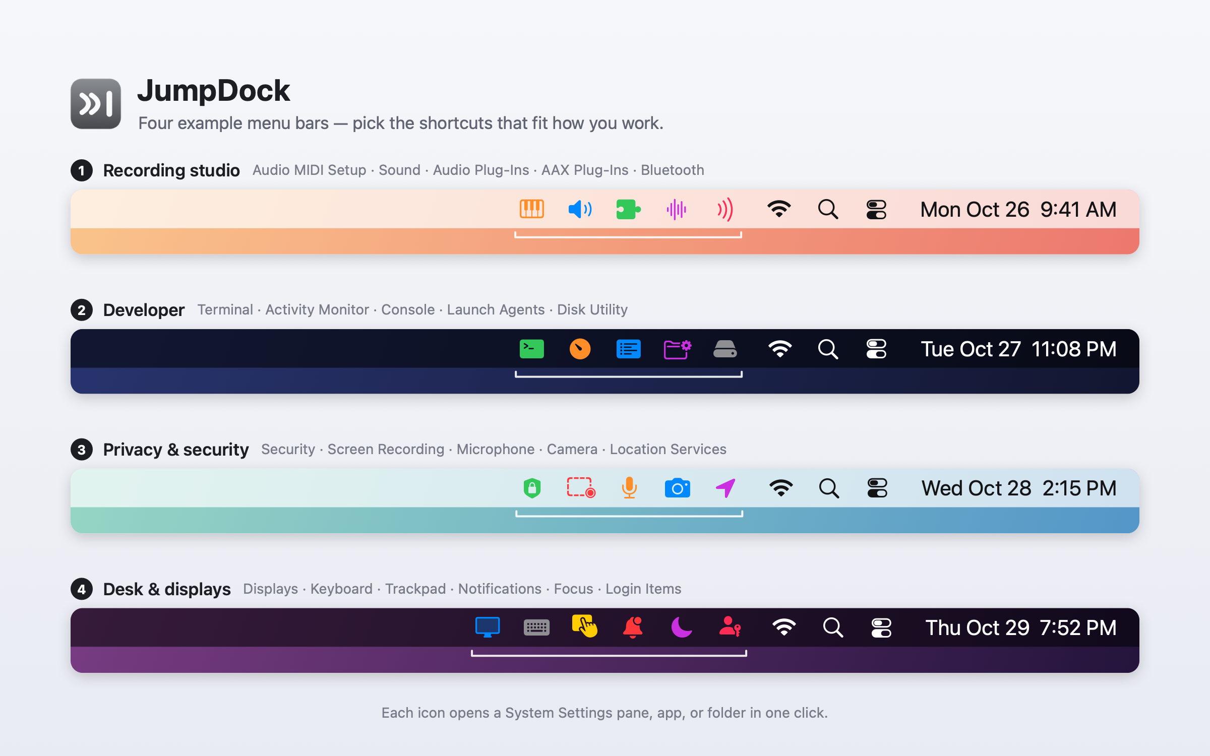 JumpDock settings window listing keyboard shortcuts for macOS settings