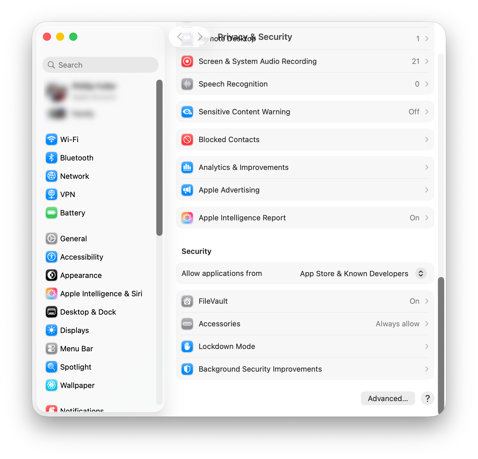 System Settings scrolled to the Security section of Privacy & Security, where the “Allow applications from” setting lives.